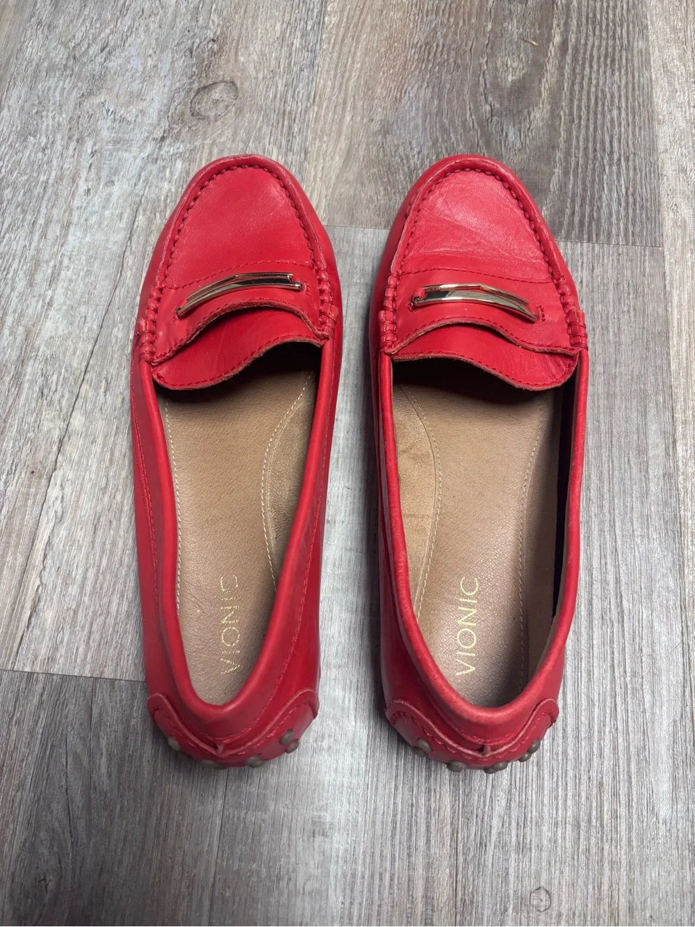 Vionic Ashby Red Leather Driving Loafers with Gold Bar Accent